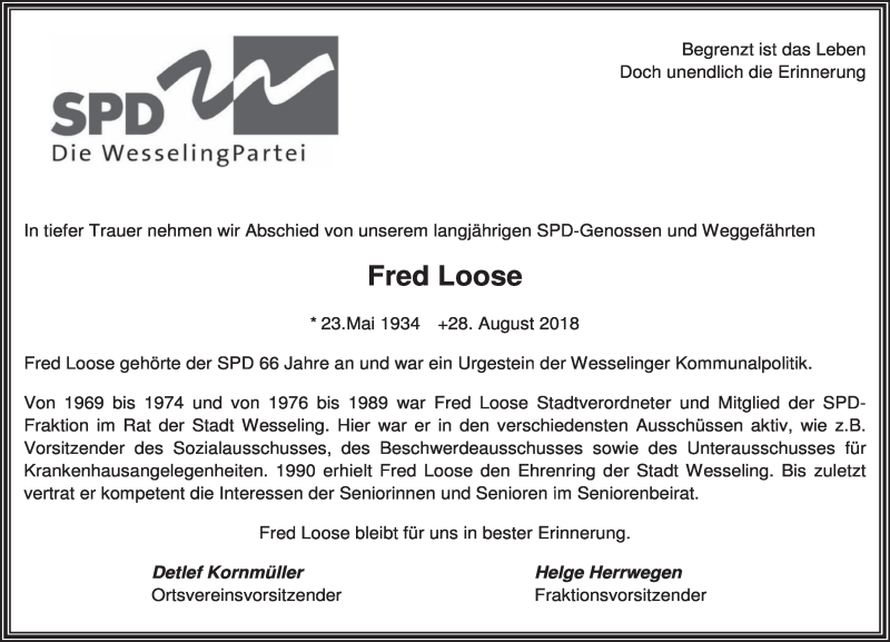  Traueranzeige für Fred Loose vom 05.09.2018 aus  Schlossbote/Werbekurier 