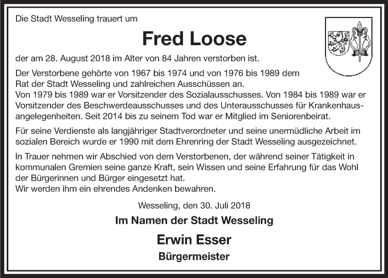  Traueranzeige für Fred Loose vom 05.09.2018 aus  Schlossbote/Werbekurier 