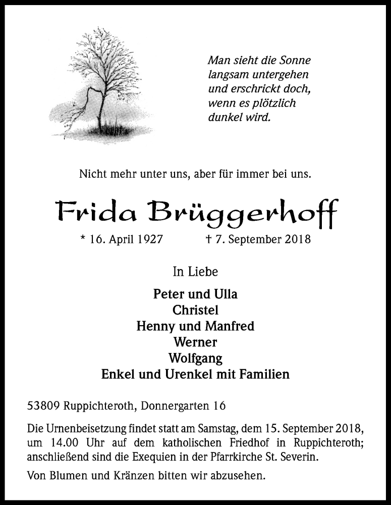  Traueranzeige für Frida Brüggerhoff vom 12.09.2018 aus Kölner Stadt-Anzeiger / Kölnische Rundschau / Express