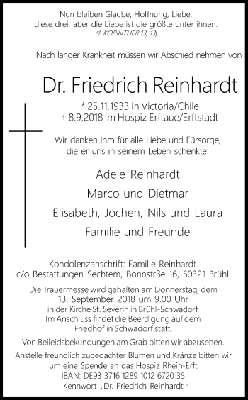 Anzeige von Friedrich Reinhardt von Kölner Stadt-Anzeiger / Kölnische Rundschau / Express