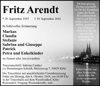 Anzeige von Fritz Arendt von Kölner Stadt-Anzeiger / Kölnische Rundschau / Express