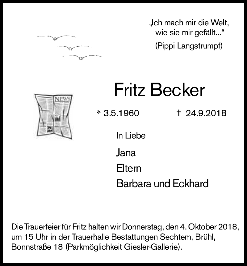  Traueranzeige für Fritz Becker vom 28.09.2018 aus Kölner Stadt-Anzeiger / Kölnische Rundschau / Express