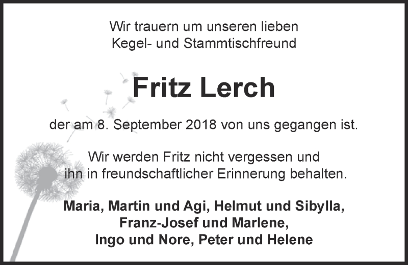  Traueranzeige für Fritz Lerch vom 19.09.2018 aus  Kölner Wochenspiegel 