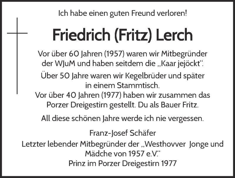  Traueranzeige für Fritz Lerch vom 19.09.2018 aus  Kölner Wochenspiegel 