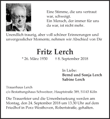 Anzeige von Fritz Lerch von  Kölner Wochenspiegel 