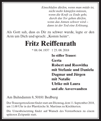 Anzeige von Fritz Reiffenrath von  Werbepost 