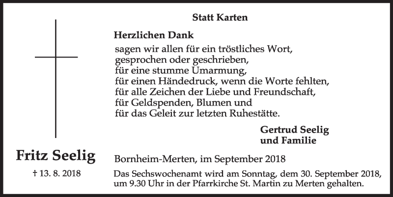  Traueranzeige für Fritz Seelig vom 19.09.2018 aus  Schlossbote/Werbekurier 