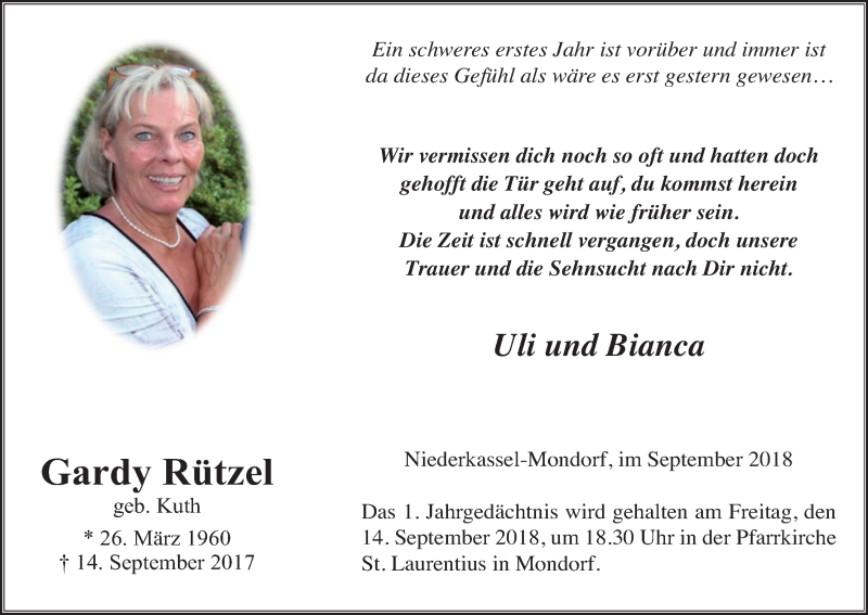  Traueranzeige für Gardy Rützel vom 08.09.2018 aus Kölner Stadt-Anzeiger / Kölnische Rundschau / Express