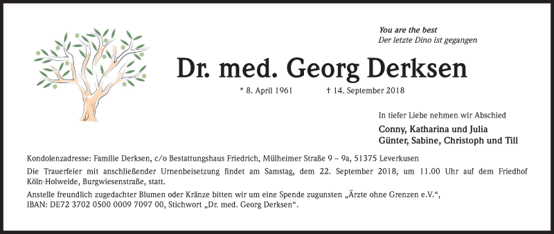  Traueranzeige für Georg Derksen vom 19.09.2018 aus Kölner Stadt-Anzeiger / Kölnische Rundschau / Express