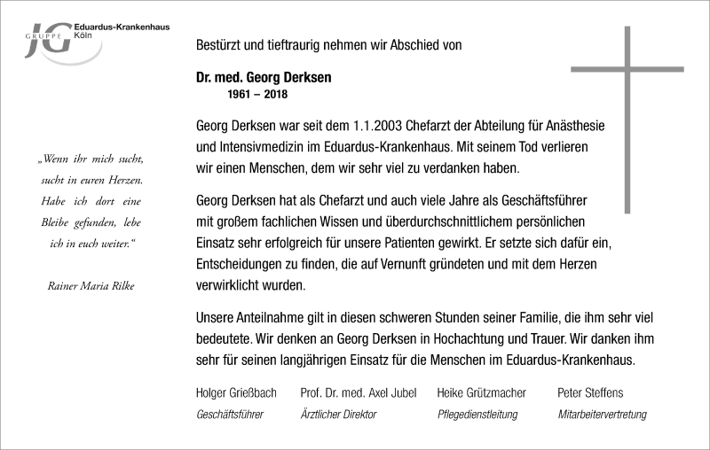  Traueranzeige für Georg Derksen vom 22.09.2018 aus Kölner Stadt-Anzeiger / Kölnische Rundschau / Express