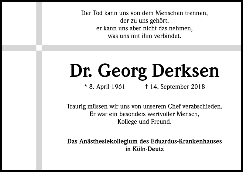  Traueranzeige für Georg Derksen vom 22.09.2018 aus Kölner Stadt-Anzeiger / Kölnische Rundschau / Express