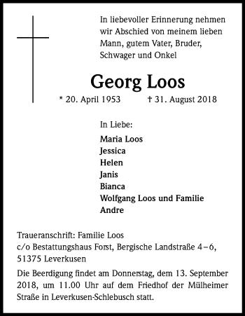 Anzeige von Georg Loos von Kölner Stadt-Anzeiger / Kölnische Rundschau / Express