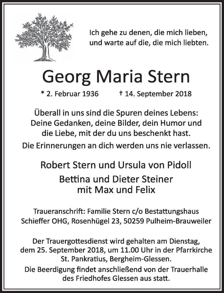  Traueranzeige für Georg Maria Stern vom 22.09.2018 aus  Sonntags-Post 