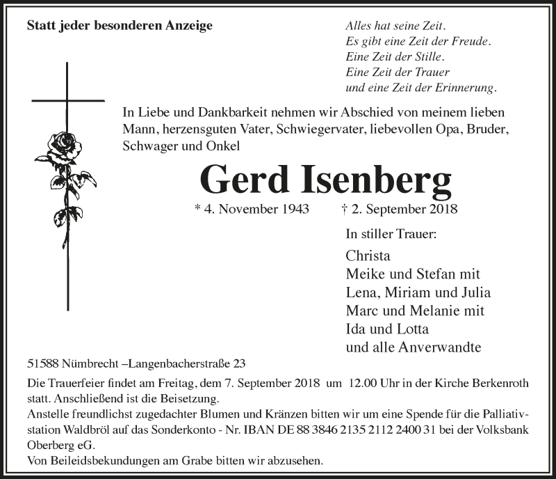  Traueranzeige für Gerd Isenberg vom 05.09.2018 aus  Lokalanzeiger 