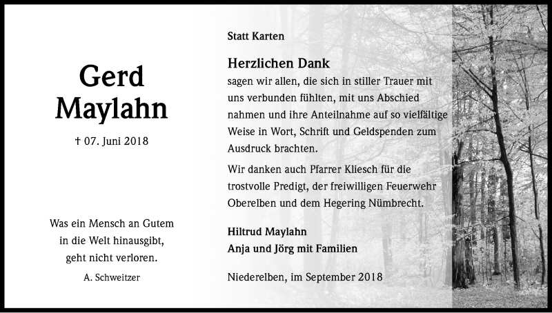  Traueranzeige für Gerd Maylahn vom 08.09.2018 aus Kölner Stadt-Anzeiger / Kölnische Rundschau / Express