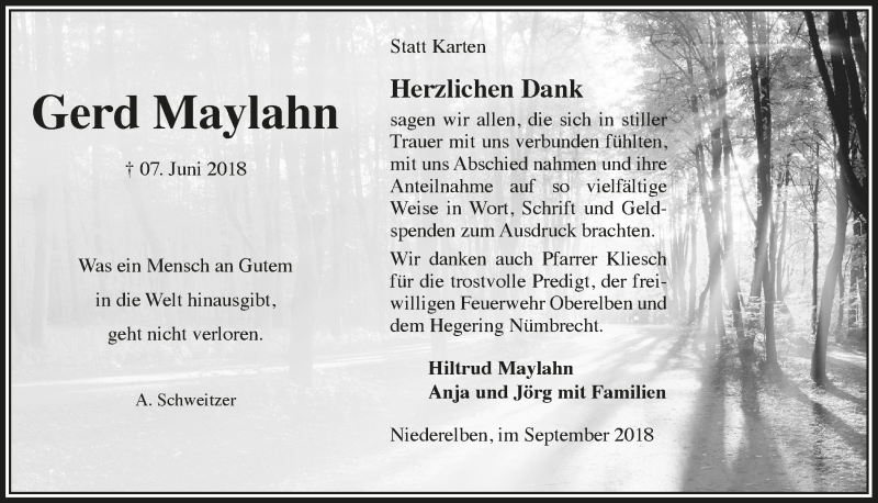 Traueranzeige für Gerd Maylahn vom 12.09.2018 aus  Lokalanzeiger 