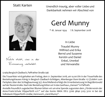 Anzeige von Gerd Munny von Kölner Stadt-Anzeiger / Kölnische Rundschau / Express