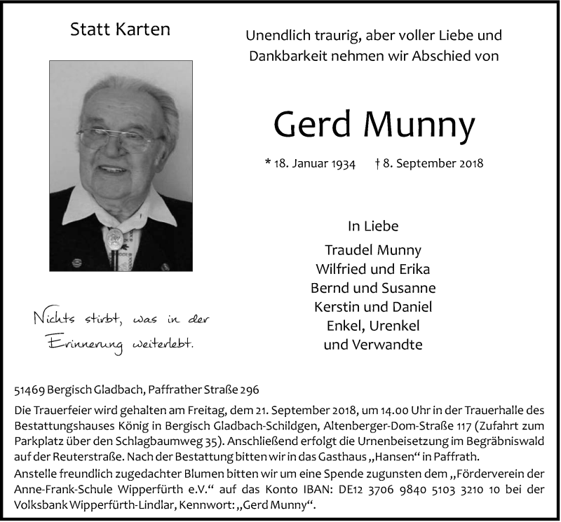  Traueranzeige für Gerd Munny vom 19.09.2018 aus  Bergisches Handelsblatt 