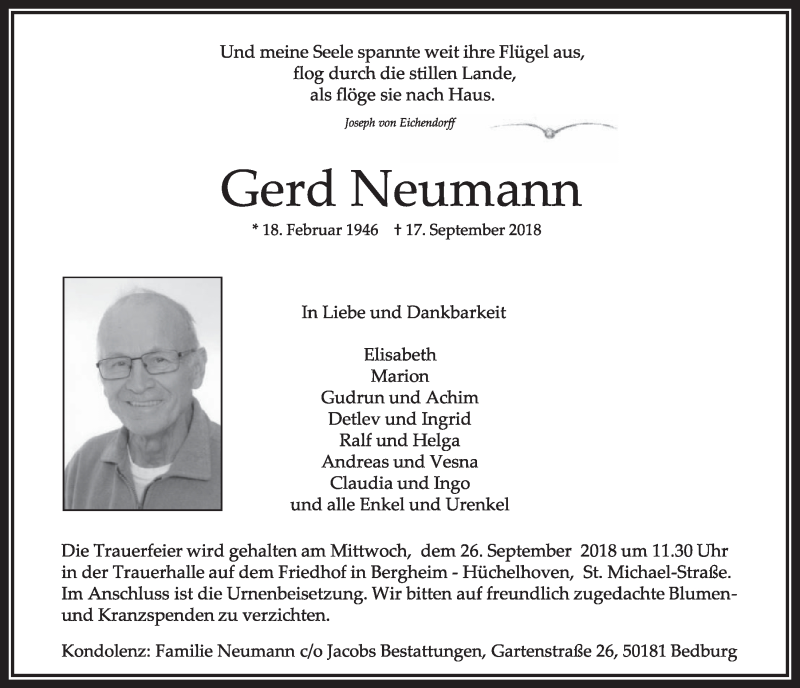  Traueranzeige für Gerd Neumann vom 22.09.2018 aus  Sonntags-Post 