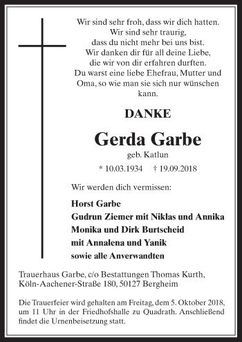 Anzeige von Gerda Garbe von  Werbepost 