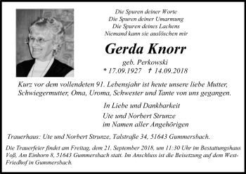Anzeige von Gerda Knorr von Kölner Stadt-Anzeiger / Kölnische Rundschau / Express