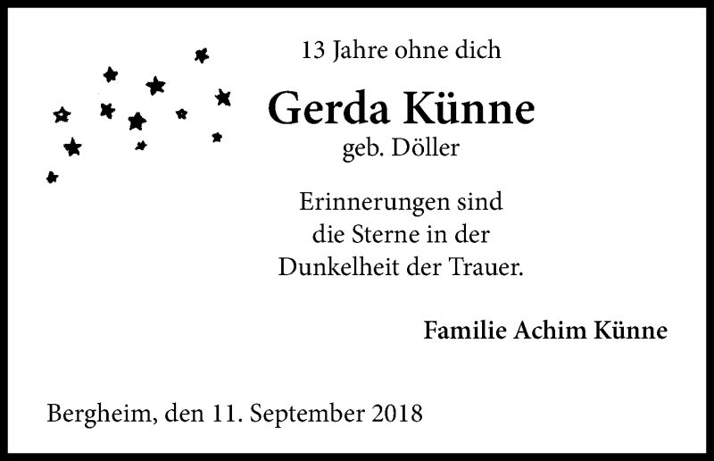  Traueranzeige für Gerda Künne vom 11.09.2018 aus Kölner Stadt-Anzeiger / Kölnische Rundschau / Express