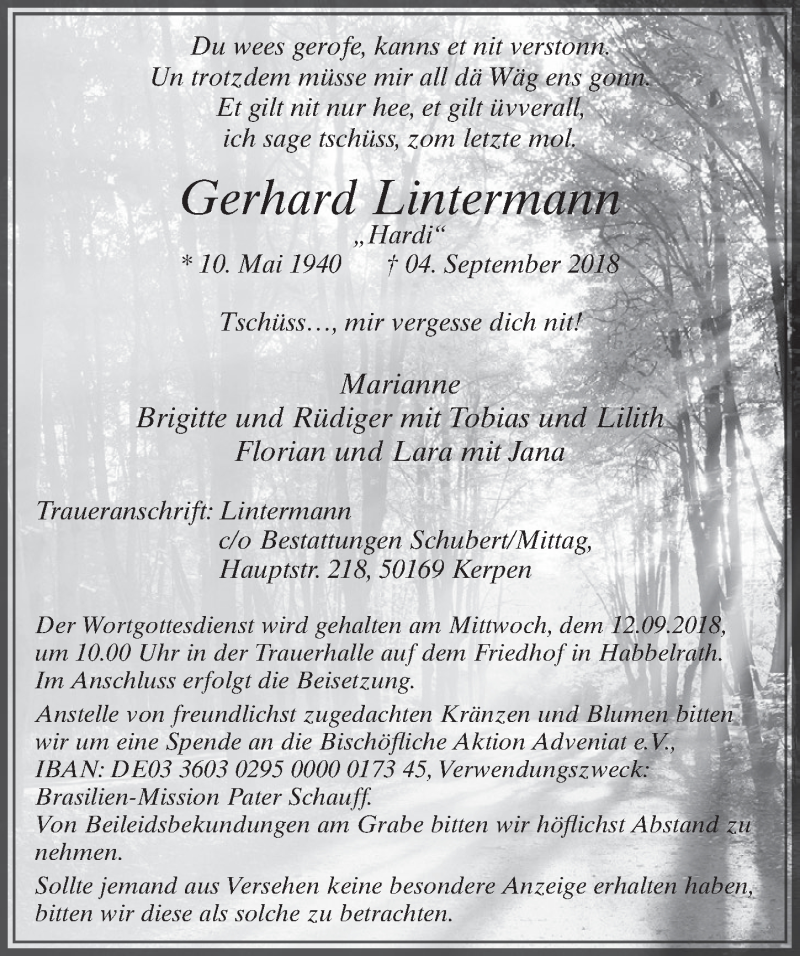  Traueranzeige für Gerhard Lintermann vom 08.09.2018 aus  Sonntags-Post 
