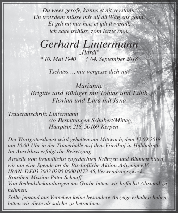 Anzeige von Gerhard Lintermann von  Sonntags-Post 