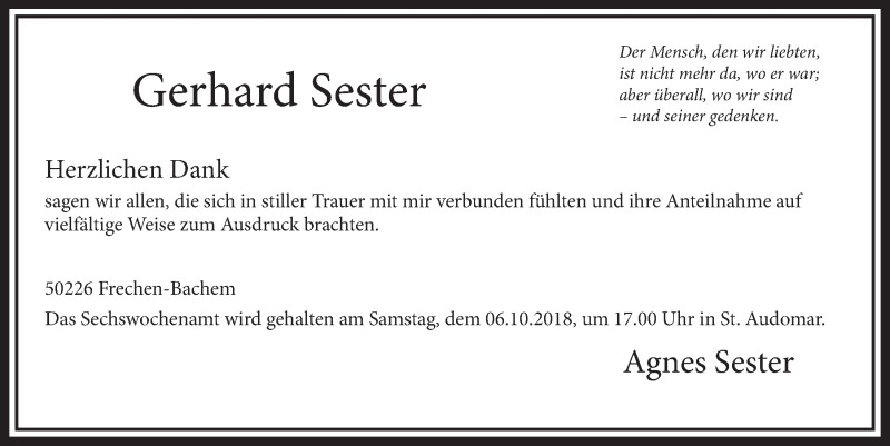 Traueranzeige für Gerhard Sester vom 29.09.2018 aus  Sonntags-Post 