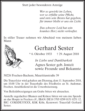 Anzeige von Gerhard Sester von  Sonntags-Post 