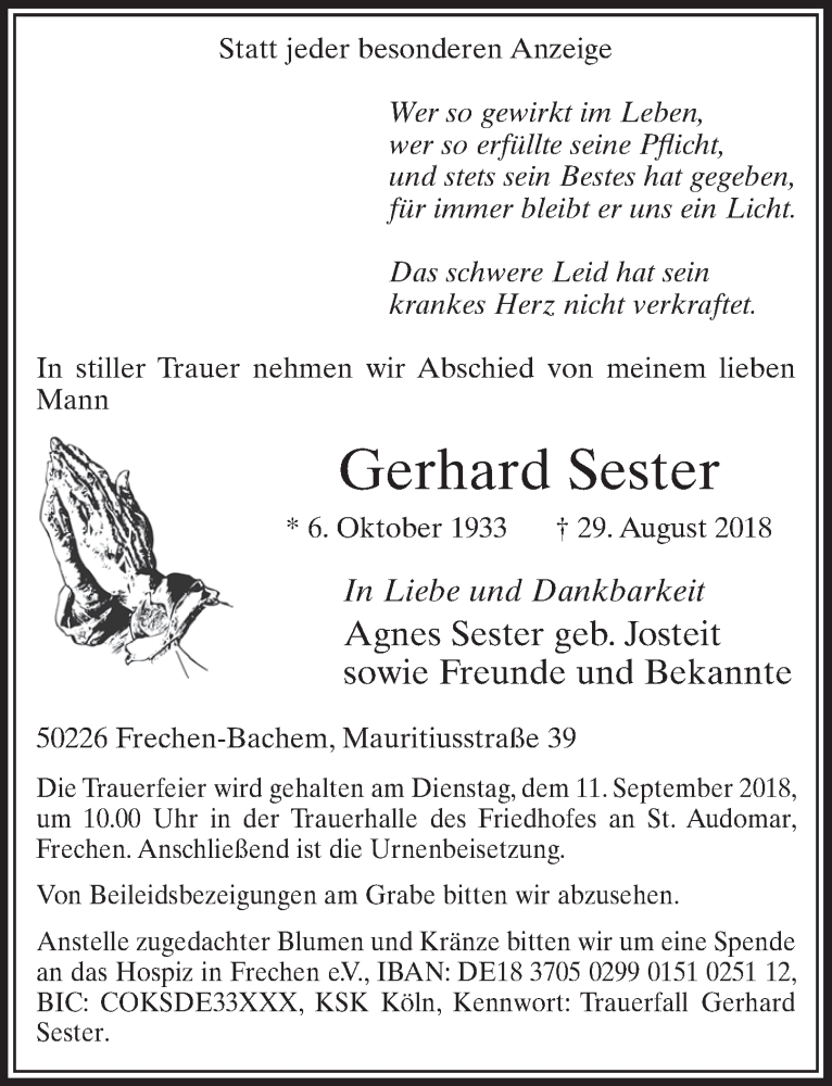  Traueranzeige für Gerhard Sester vom 08.09.2018 aus  Sonntags-Post 