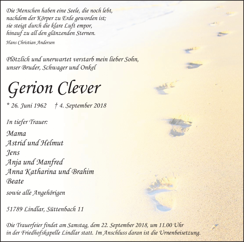  Traueranzeige für Gerion Clever vom 15.09.2018 aus Kölner Stadt-Anzeiger / Kölnische Rundschau / Express