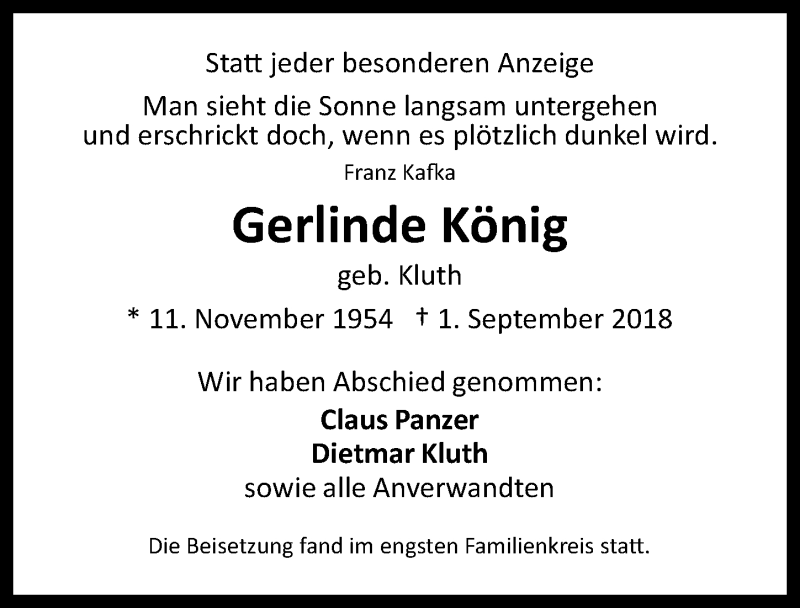  Traueranzeige für Gerlinde König vom 08.09.2018 aus  Sonntags-Post 