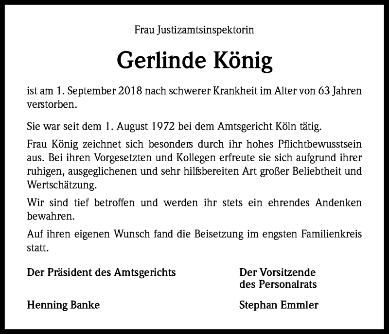  Traueranzeige für Gerlinde König vom 15.09.2018 aus Kölner Stadt-Anzeiger / Kölnische Rundschau / Express