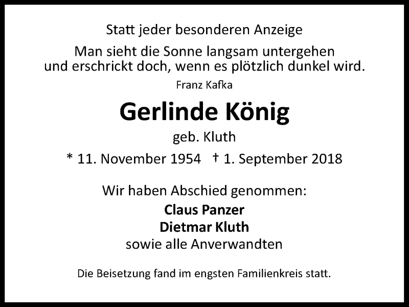  Traueranzeige für Gerlinde König vom 08.09.2018 aus Kölner Stadt-Anzeiger / Kölnische Rundschau / Express