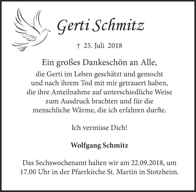  Traueranzeige für Gerti Schmitz vom 15.09.2018 aus  Blickpunkt Euskirchen 