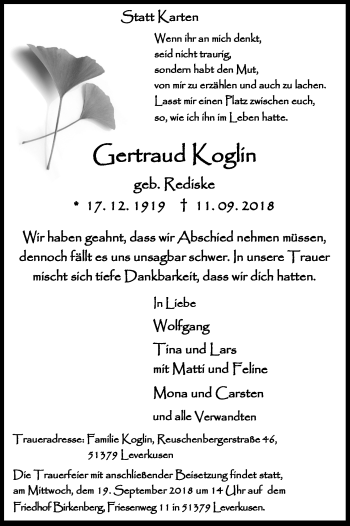 Anzeige von Gertraud Koglin von Kölner Stadt-Anzeiger / Kölnische Rundschau / Express