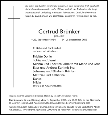 Anzeige von Gertrud Brünker von Kölner Stadt-Anzeiger / Kölnische Rundschau / Express