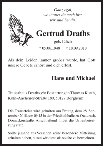 Anzeige von Gertrud Draths von  Werbepost 