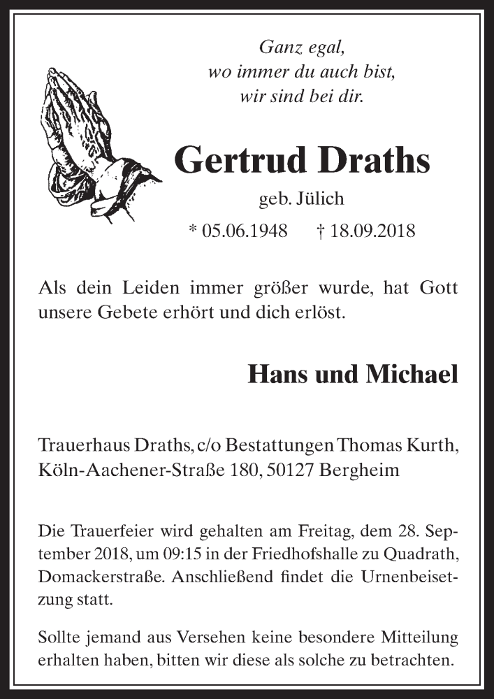  Traueranzeige für Gertrud Draths vom 26.09.2018 aus  Werbepost 