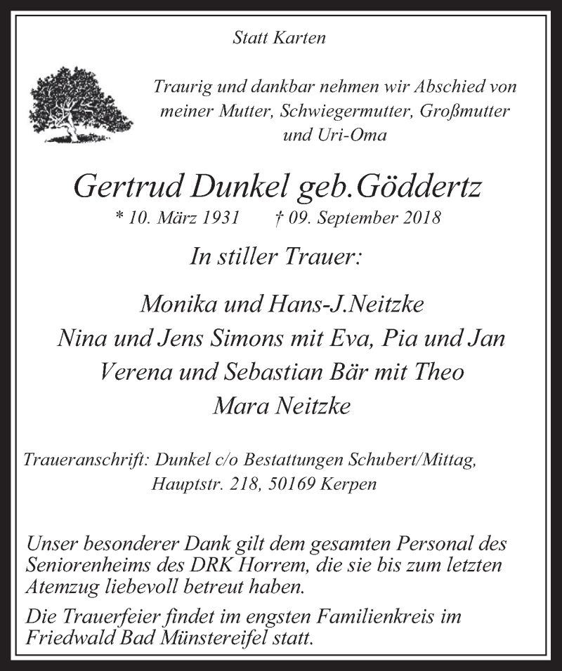  Traueranzeige für Gertrud Dunkel vom 12.09.2018 aus  Werbepost 