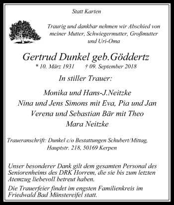 Anzeige von Gertrud Dunkel von Kölner Stadt-Anzeiger / Kölnische Rundschau / Express