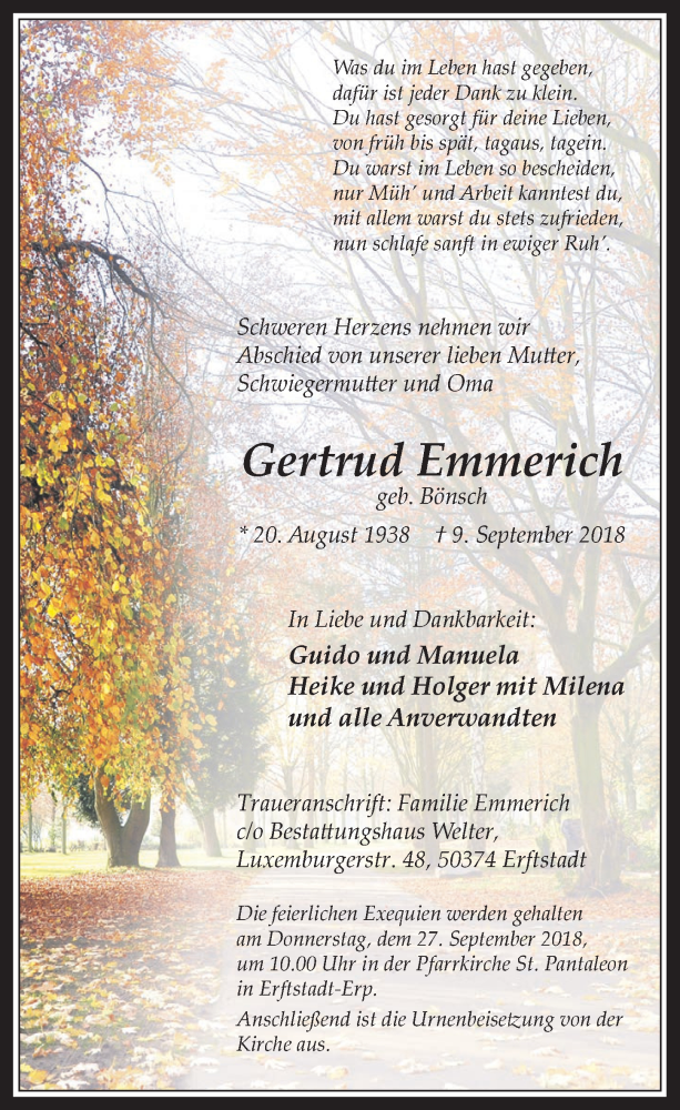  Traueranzeige für Gertrud Emmerich vom 19.09.2018 aus  Werbepost 
