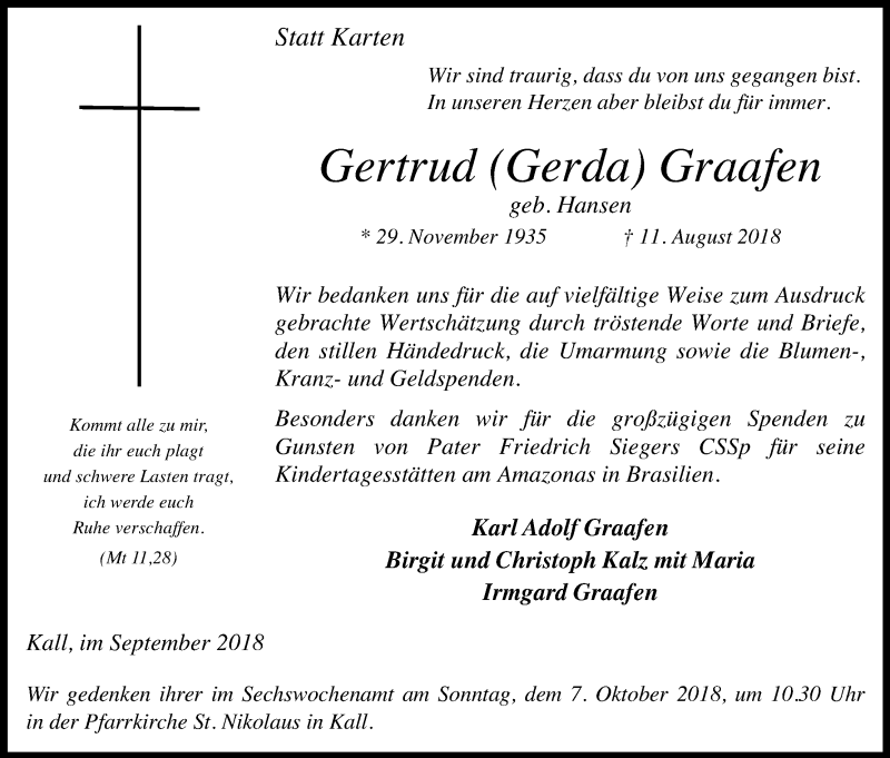  Traueranzeige für Gertrud Graafen vom 29.09.2018 aus Kölner Stadt-Anzeiger / Kölnische Rundschau / Express