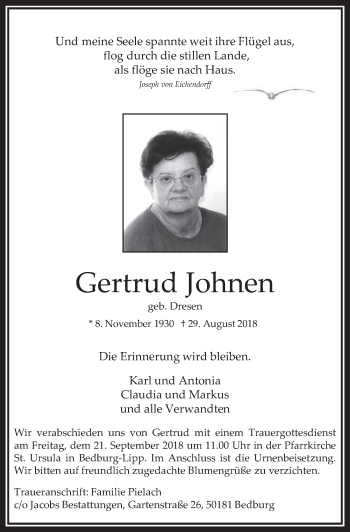 Anzeige von Gertrud Johnen von  Werbepost 