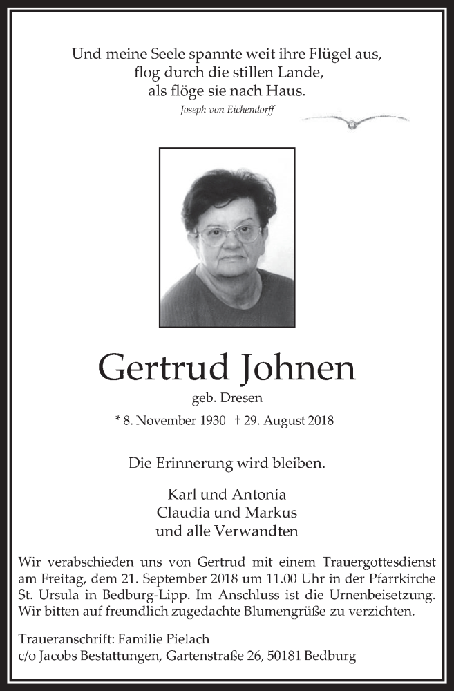  Traueranzeige für Gertrud Johnen vom 12.09.2018 aus  Werbepost 