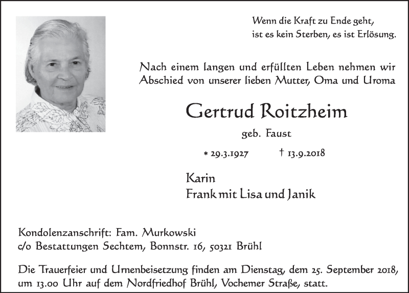  Traueranzeige für Gertrud Roitzheim vom 19.09.2018 aus  Schlossbote/Werbekurier 