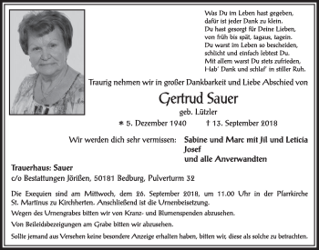 Anzeige von Gertrud Sauer von  Sonntags-Post 