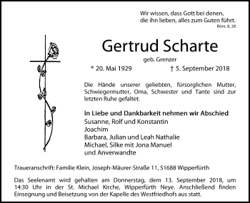 Anzeige von Gertrud Scharte von Kölner Stadt-Anzeiger / Kölnische Rundschau / Express