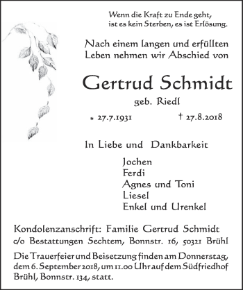 Anzeige von Gertrud Schmidt von  Schlossbote/Werbekurier 